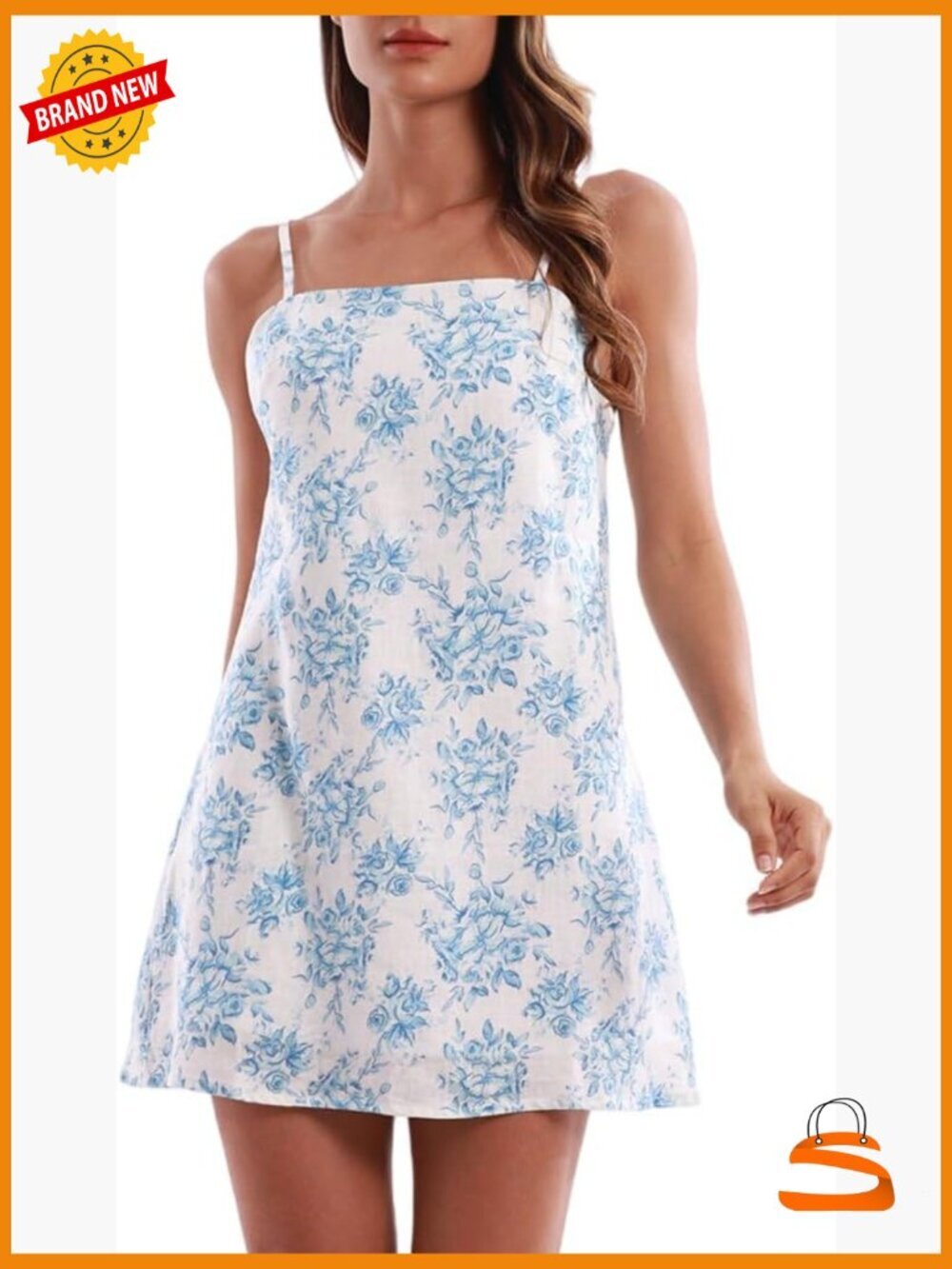 100% Linen Floral Spaghetti Strap A-Line Mini Dress Summer